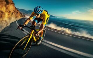 ciclista equitazione giù il strada foto