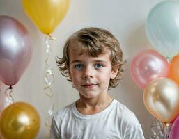 foto servizio fotografico di ragazzo con palloncini su bianca sfondo, generativo ai