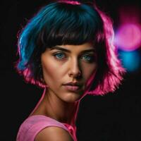 foto di bellissimo donna con corto capelli e misto rosa neon luce, generativo ai