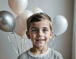 foto servizio fotografico di ragazzo con palloncini su bianca sfondo, generativo ai