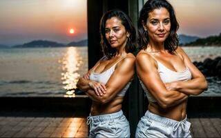 foto di mezzo anziano vecchio donna a Casa vicino mare spiaggia, generativo ai