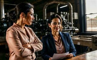 foto di Lavorando imprenditore donna a fabbrica con macchina e lavoratore, generativo ai