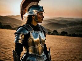 foto di forte antico giovane femmina guerriero con romano armatura macchiato, generativo ai