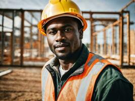 foto di africano nero uomo come un' costruzione lavoratore con casco, generativo ai