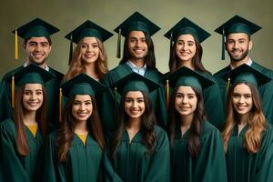 formazione scolastica concetto . contento squadra di studenti su verde sfondo. ai generato foto