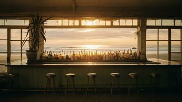 generativo ai, estate tramonto spiaggia bar sfondo. all'aperto ristorante, guidato leggero candele e di legno tavoli, sedie sotto bellissimo tramonto cielo, mare Visualizza. foto