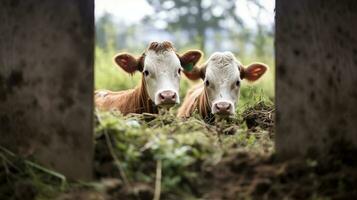 generativo ai, poco vitelli guardare a il telecamera su un' azienda agricola, bambino mucche foto