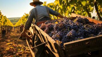 generativo ai, fresco uva nel un' camion, uva raccogliere a un' vigneto foto