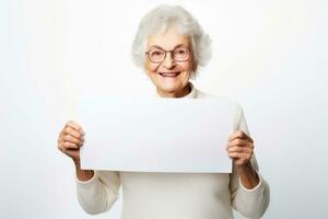 contento vecchio donna Tenere vuoto bianca bandiera cartello, isolato studio ritratto. ai generato foto