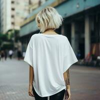 ai generato ragazza modello indossare vuoto bianca oversize t - camicia. la strada. indietro Visualizza. moderno stile foto