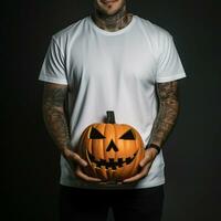ai generativo foto di un' uomo Tenere Halloween zucca nel mano, indossare un' pianura bianca maglietta