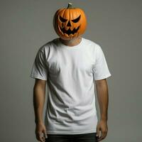 ai generato uomo indossare vuoto bianca t - camicia, indossare grande Halloween zucca maschera foto