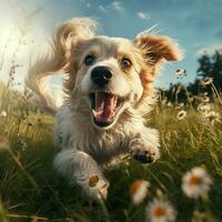 ai generativo alto qualità foto di un' contento cane giocando palla su il erba