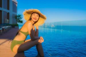 il sorriso felice delle belle giovani donne asiatiche si rilassa intorno alla piscina all'aperto nel resort dell'hotel per i viaggi in vacanza foto