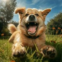 ai generativo alto qualità foto di un' contento cane giocando palla su il erba