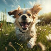 ai generativo alto qualità foto di un' contento cane giocando palla su il erba