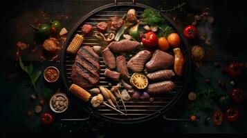 grigliato carne con verdure e spezie su il barbecue griglia creato con ai foto