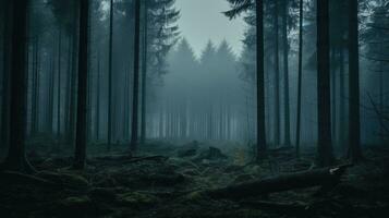 misterioso foresta con un' sentiero e un' misterioso albero nel un' buio nebbioso autunno foresta creato con ai foto