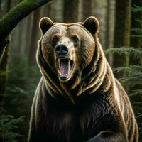 foto di grande arrabbiato grizzly orso in esecuzione nel il giungla, generativo ai