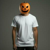 ai generato uomo indossare vuoto bianca t - camicia, indossare grande Halloween zucca maschera foto