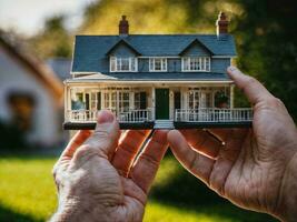 foto di vicino su mano Tenere mini Casa, generativo ai