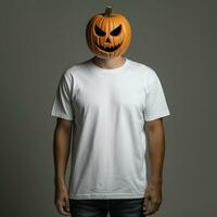 ai generato uomo indossare vuoto bianca t - camicia, indossare grande Halloween zucca maschera foto