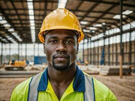 foto di africano nero uomo come un' costruzione lavoratore con casco, generativo ai