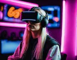 foto di bellissimo donna con vr bicchieri cuffia giocando video gioco, generativo ai