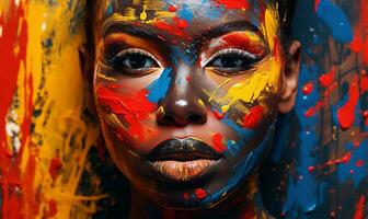 pittura di un' bella giovane africano americano donna con nero dipingere e colorato dipingere su sua viso. ai generato foto