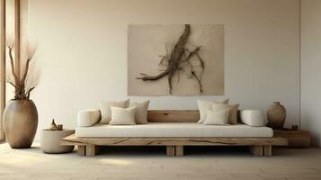 generativo ai, caldo neutro wabi sabi stile interno modello, giapponese minimalista stile, grungy parete foto