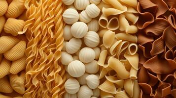 generativo ai, varietà di tipi, colori e forme di italiano pasta, struttura sfondo foto