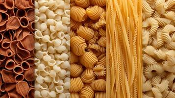 generativo ai, varietà di tipi, colori e forme di italiano pasta, struttura sfondo foto