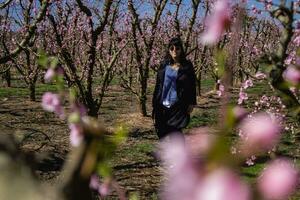 donna a piedi attraverso i campi di fioritura pesca alberi nel primavera. foto