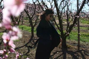 donna a piedi attraverso i campi di fioritura pesca alberi nel primavera. foto