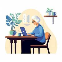 carino anziano donna Lavorando su un' il computer portatile. piatto illustrazione su il tema di nuovo tecnologie e il anziano. ai generato foto