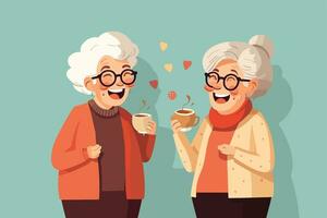 Due carino anziano donne, amiche bevanda caffè e ridere. piatto illustrazione. ai generato foto