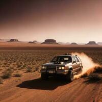 foto di camion nel caldo sabbia deserto, generativo ai