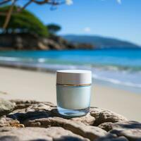 crema vaso su il roccia, cosmetico Prodotto su spiaggia sfondo, generativo ai. foto