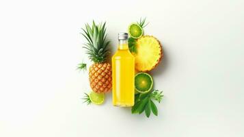superiore Visualizza di biologico frutta e succo bottiglia con ananas, lime su bianca sfondo, di ai generativo. foto