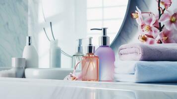bagnarsi prodotti nel bagno e terme shampoo con doccia gel per cosmetici, di ai generativo. foto