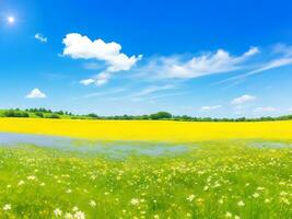 naturale colorato panoramico paesaggio con molti selvaggio fiori di margherite contro blu cielo. ai generato foto