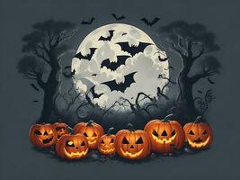 maglietta design Halloween scena con nero gatti, ragni e zucca, con bellissimo notturno Luna e pipistrelli nel il sfondo, generativo ai foto