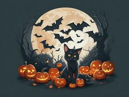 maglietta design Halloween scena con nero gatti, ragni e zucca, con bellissimo notturno Luna e pipistrelli nel il sfondo, generativo ai foto