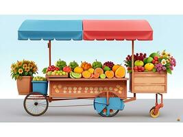 strada lato scena con fiore carrello e frutta carrello scena vettore catton illustrazione, ai generato foto