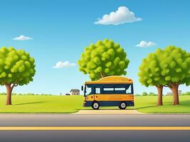 strada lato scena con scuola autobus su il strada scena vettore illustrazione, ai generato foto