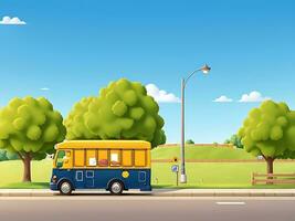 strada lato scena con scuola autobus su il strada scena vettore illustrazione, ai generato foto