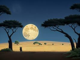 savana paesaggio con acacia alberi a notte vettore cartone animato illustrazione, ai generato foto