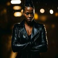 foto di forte africano donna con nero pelle completo da uomo nel pesante pioggia notte, generativo ai