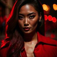 foto di donna nel rosso stoffa a strada notte con luce, generativo ai