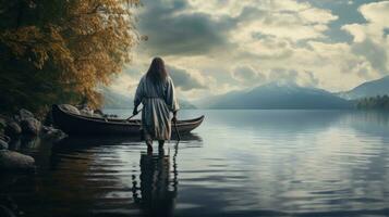 Gesù a piedi verso un' canoa nel il lago foto